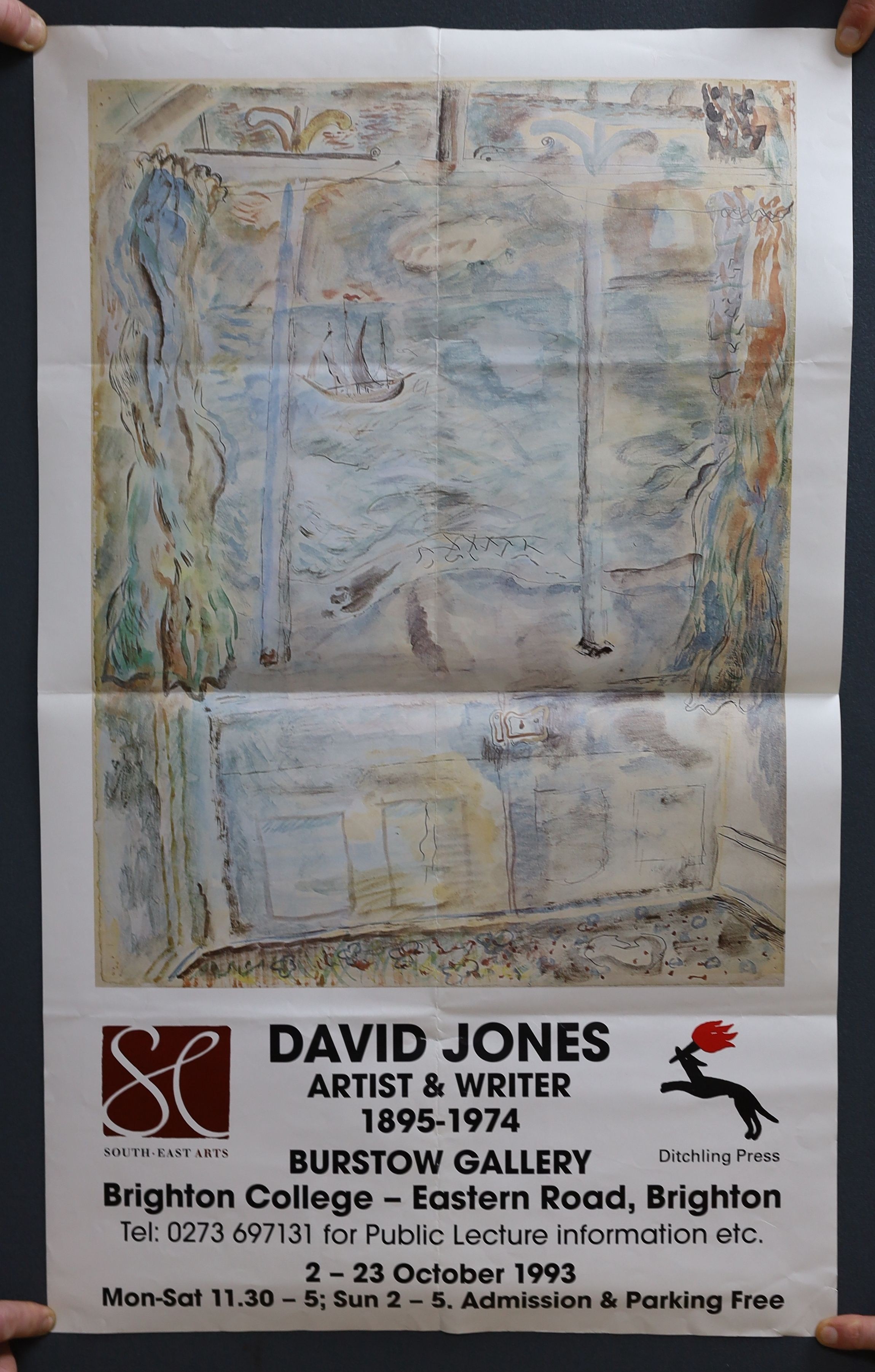 David Jones (1895-1974), wood engraving, 'DJ & HP Mounted on Pegasus', 28/60, 13 x 10cm, unframed, with a 1993 David Jones Exhibition poster